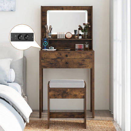 Vanity Table with LED Mirror, Rustic Brown, Glass Top