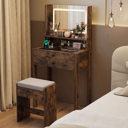 Vanity Table with LED Mirror, Rustic Brown, Glass Top