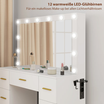 Vanity Table with Mirror, 12 LED Lights, 7 Drawers, White