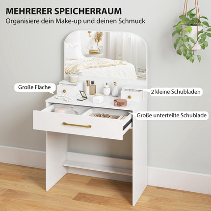 Vanity Table with Mirror, 3 Drawers, White, Compact Design