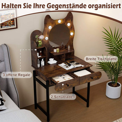 Vanity Table with Mirror, LED Lights, Drawers, Brown