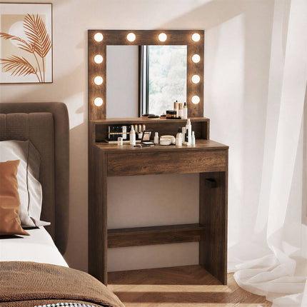 Vanity Table with Mirror, LED Lights, Rustic Brown