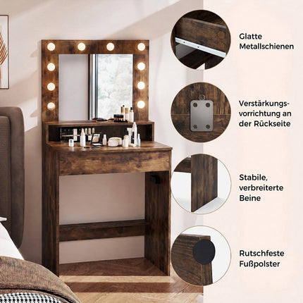 Vanity Table with Mirror, LED Lights, Rustic Brown