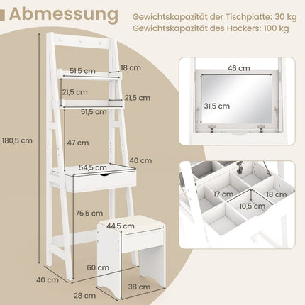 Vanity Table with Mirror and Stool, White, 60x40x180 cm