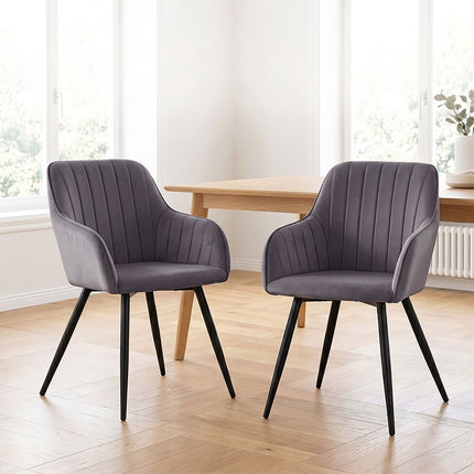 Velvet Dining Chairs with Armrests, Set of 2 - Anthracite