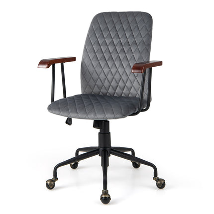 Velvet Office Chair – Adjustable Rocking Swivel, Wood Arms
