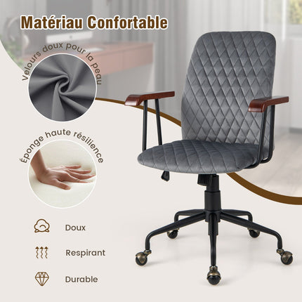 Velvet Office Chair – Adjustable Rocking Swivel, Wood Arms