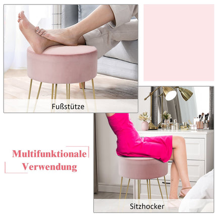 Velvet Ottoman with Metal Legs – Pink, Round Footstool
