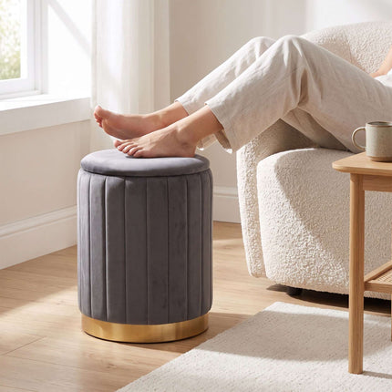Velvet Storage Stool with Gold Base, Dark Gray, 42x32 cm