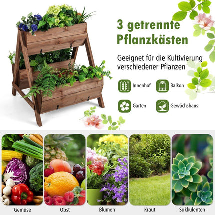 Vertical raised bed with 2 levels & 3 plant boxes & drainage holes flower bed 66 x 73 x 73 cm brown