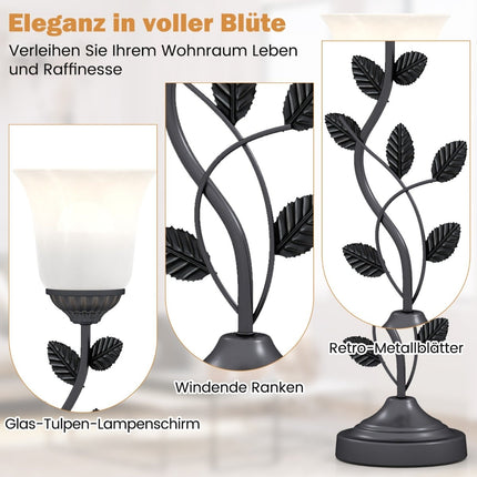 Vintage Bedside Lamp with Tulip Glass Shade & Metal Leaves