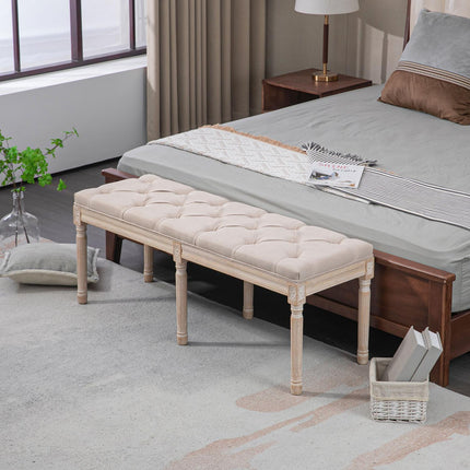 Beige upholstered vintage bench, linen look, 117x40x48Cm