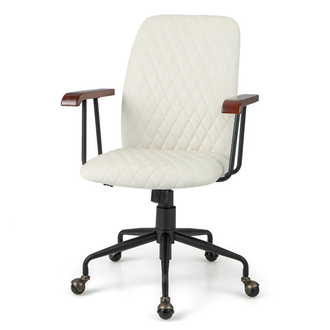 Vintage upholstered office chair with rubber wood armrests and 5 claw metal base height adjustable wheelchair in velvet beige