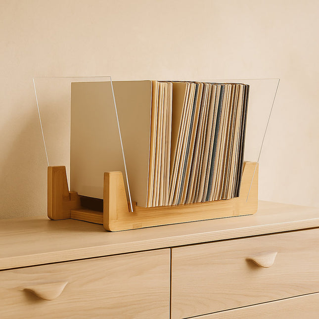 Vinylplatenhouder, bamboe standaard voor 50 LP's