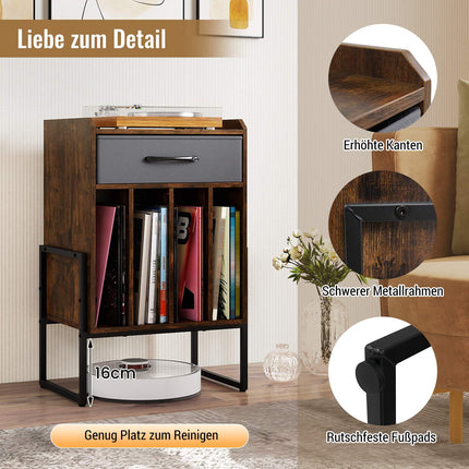 Vinyl Record Stand with 4 Shelves, Brown Retro Design