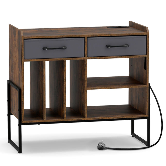 Vinyl Record Stand with Outlets & USB, Brown, Retro Charm