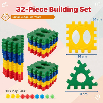 Waffle Block Building Set 32 Pieces with 10 Ocean Balls, Ages 3+, PE