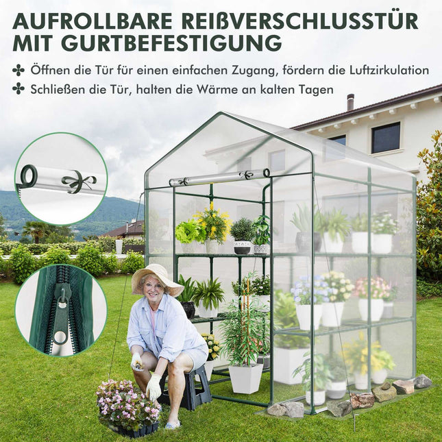 Walk-In Greenhouse with 8 Shelves, PVC Cover, 139x144x195 cm