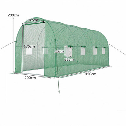 Walk-In Tunnel Greenhouse 15 x 7 x 7 ft with 8 Mesh Windows, Green, PE Cover