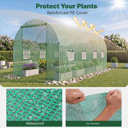 Walk-In Tunnel Greenhouse 15 x 7 x 7 ft with 8 Mesh Windows, Green, PE Cover