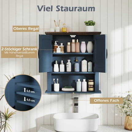 Wall Cabinet with Adjustable Shelves & Open Storage, Blue