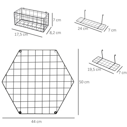 Black metal wall grid for photos and notes, 50x44x8 cm