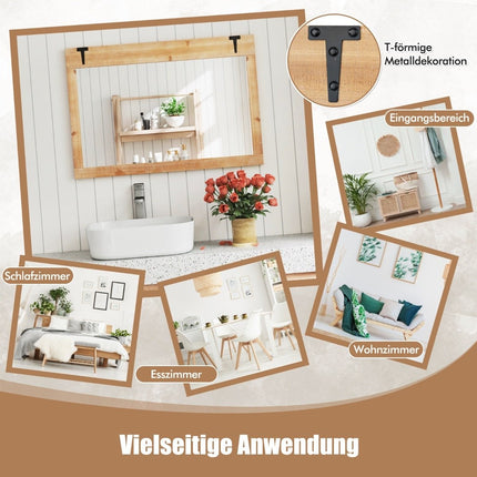 Wall Mirror with Solid Wood Frame & Metal Hooks, 87.5x51 cm