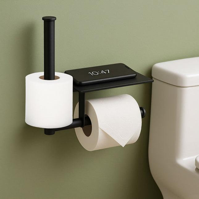 Wandgemonteerde metalen toiletrolhouder met plankje