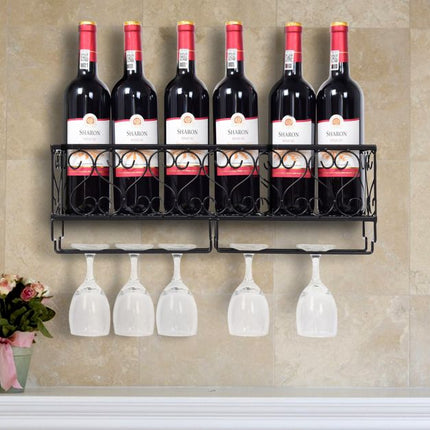 Wall-Mount Metal Wine Rack, Holds 6 Bottles and 6 Glasses