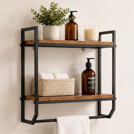 Wall-Mounted 2-Tier Shelf with Towel Rail – Brown