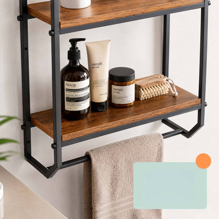 Wall-Mounted 2-Tier Shelf with Towel Rail – Brown