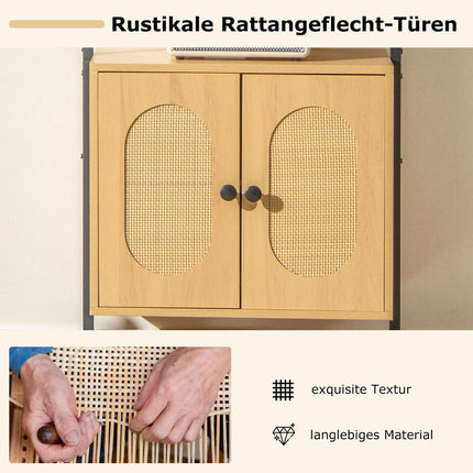 Wall-Mounted 3-Tier Bookshelf with Rattan Cabinet, 184 cm
