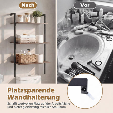 Wall-Mounted 3-Tier Shelf with Metal Frame, Brown