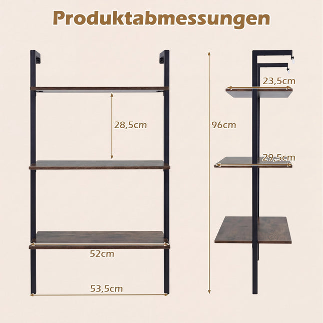 Wandplank met 3 niveaus en metalen frame, bruin
