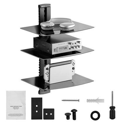 Wall-Mounted 3-Tier Tempered Glass AV Shelf, 18 lb