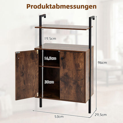 Wall-Mounted 4-Tier Bookshelf with Cabinet, Brown