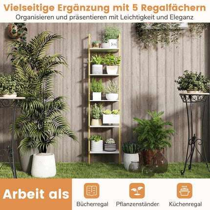 Wall-Mounted 5-Tier Ladder Bookshelf with Metal Frame