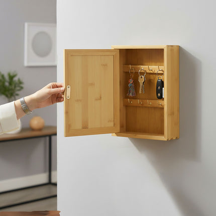 Wall-Mounted Bamboo Key Box, 8 Hooks, Magnetic Door