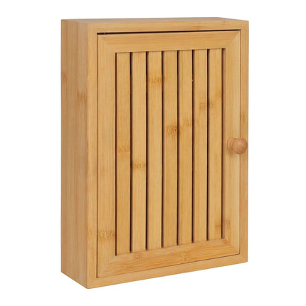 Wall-Mounted Bamboo Key Box, 8 Hooks, Magnetic Door