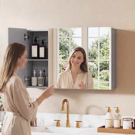 Wall-Mounted Bathroom Mirror Cabinet, 3-Door, Grey, Adjustable