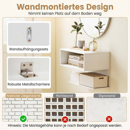 Wall Mounted Bedside Table with Storage Shelves – White