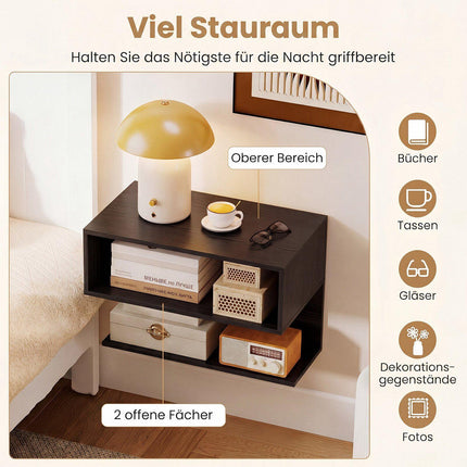 Wall-Mounted Black Bedside Table with Storage Shelves