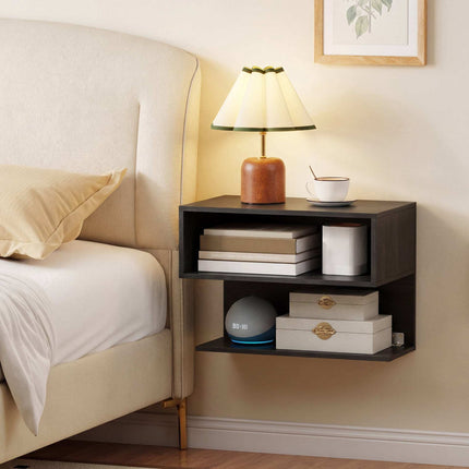 Wall-Mounted Black Bedside Table with Storage Shelves