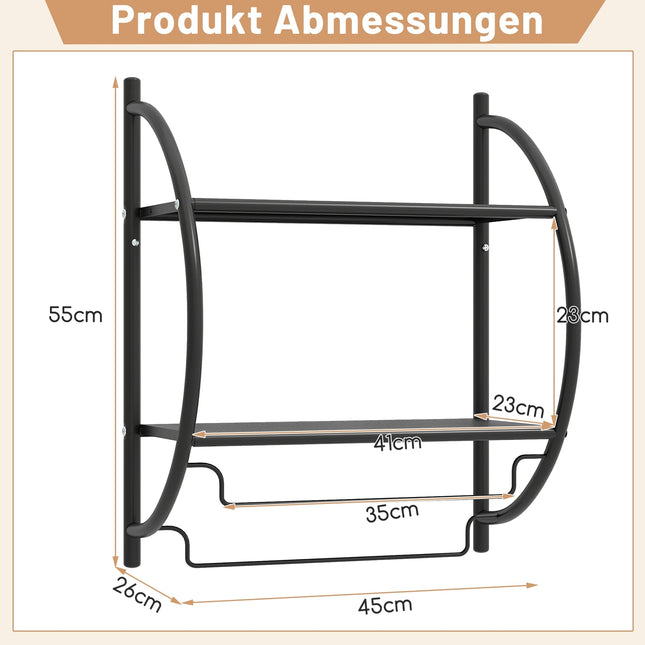 Wandgemonteerd handdoekrek van zwart metaal met plank, 45x25,5x55 cm