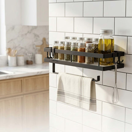 Wall-Mounted Black Spice Rack with Hooks and Roll Holder