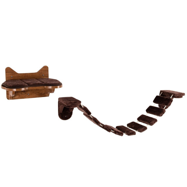 Wall-Mounted Cat Climbing Set with Bed and Bridge, Brown