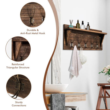 Wall-Mounted Coat Rack With Shelf, 5 Dual Hooks, Brown