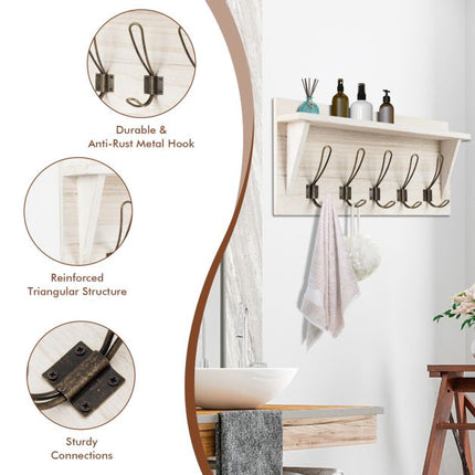 Wall-Mounted Coat Rack With Shelf, 5 Dual Hooks, White