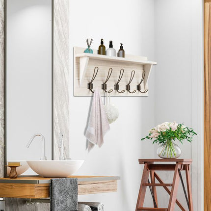 Wall-Mounted Coat Rack With Shelf, 5 Dual Hooks, White