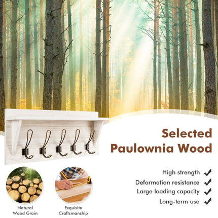 Wall-Mounted Coat Rack With Shelf, 5 Dual Hooks, White